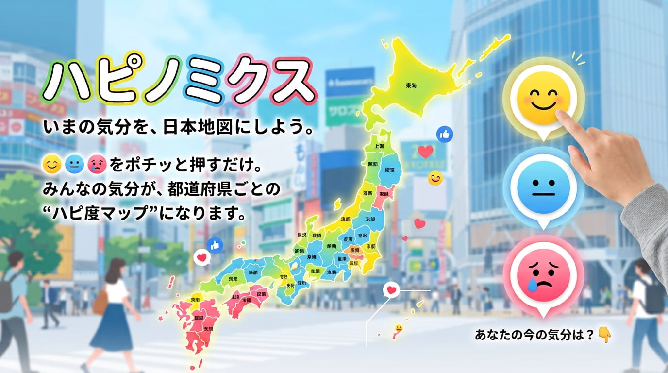 ハピノミクス。いまの気分を、日本地図にしよう。😊😐😢をポチッと押すだけ。みんなの気分が、都道府県ごとの“ハピ度マップ”になります。